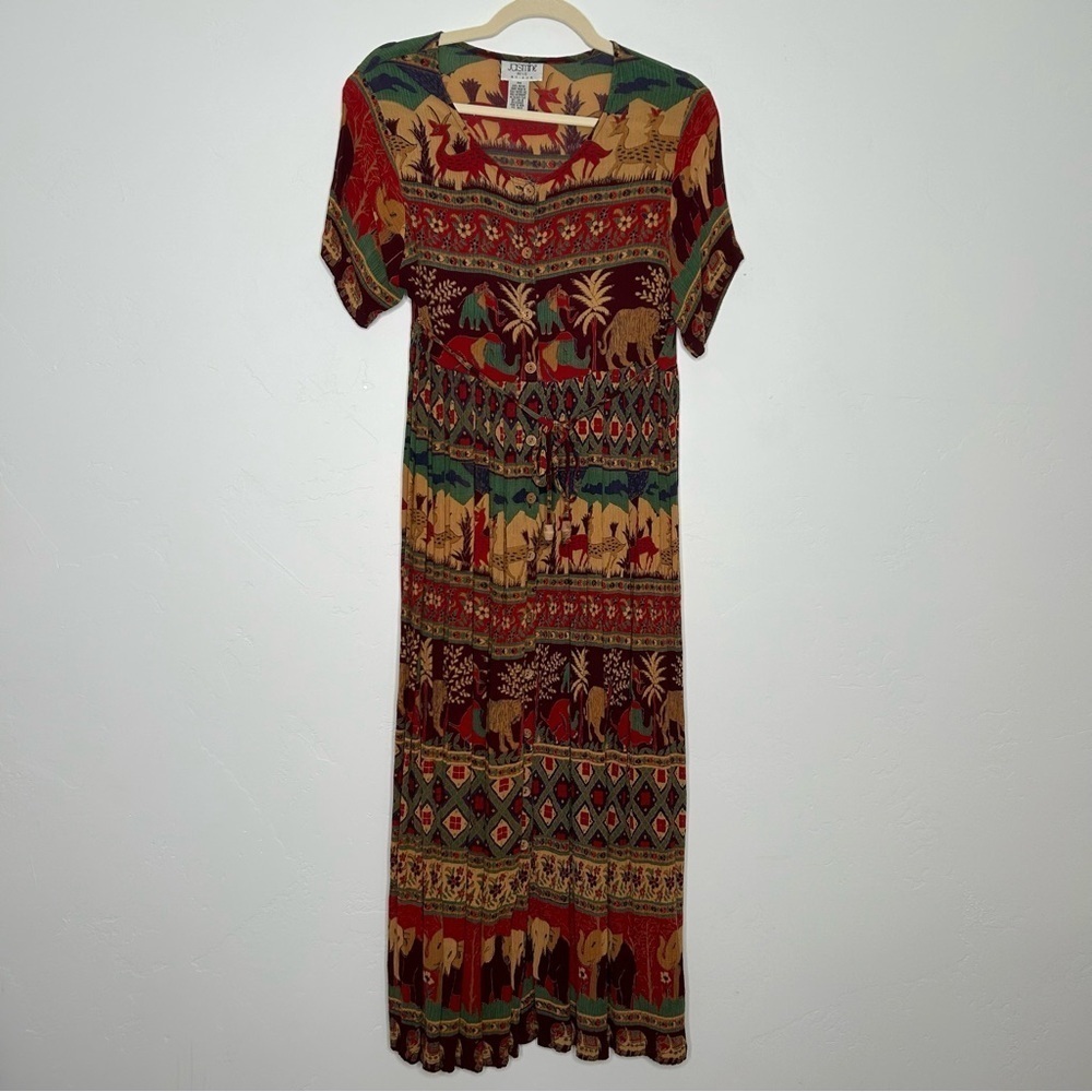 Vintage Bohemian Multicolor‎ Maxi Dress Safari Print Size Medium Petite